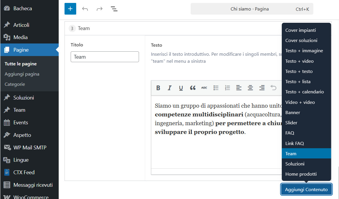 schermata che mostra un layout creato con flexible content