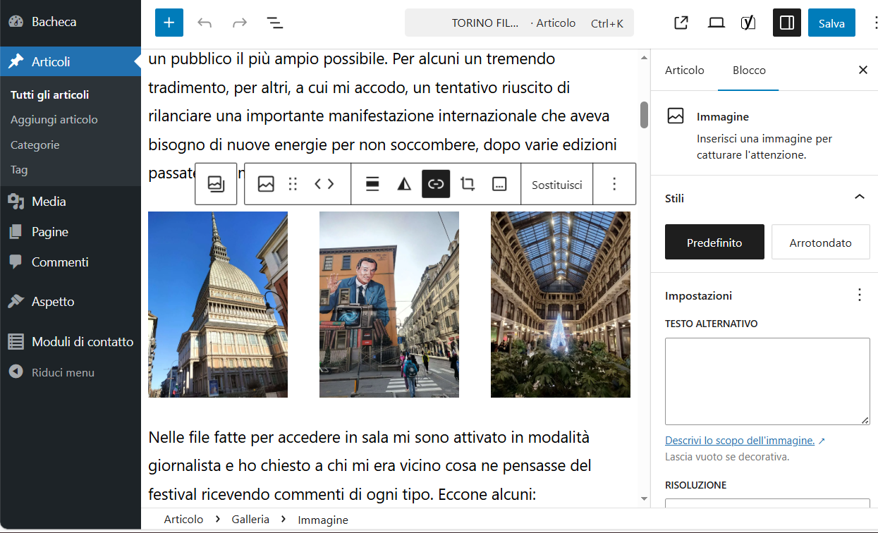 schermata che mostra l'editor gutenberg